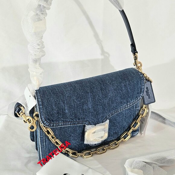 NWT Coach Chain Tabby Shoulder Bag CAN14 denim/Brass/Deep Blue AUTHENTIC Packed - Picture 4 of 16